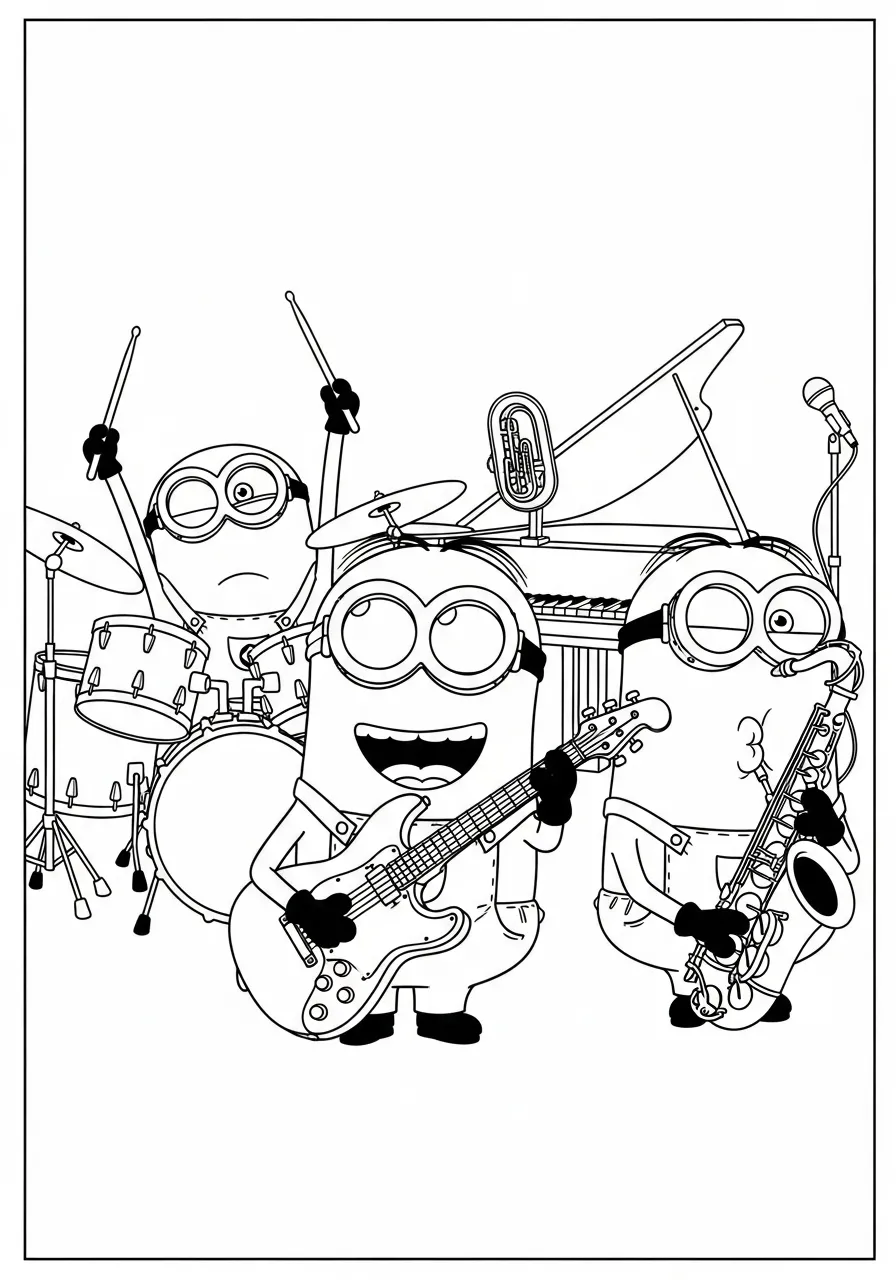 Minions tocando instrumentos musicais em uma banda de rock para colorir