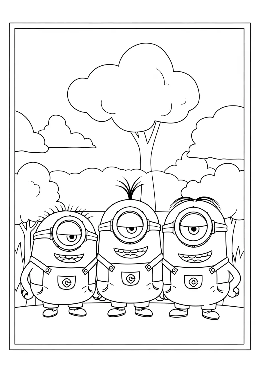 Três Minions juntos em um jardim para colorir