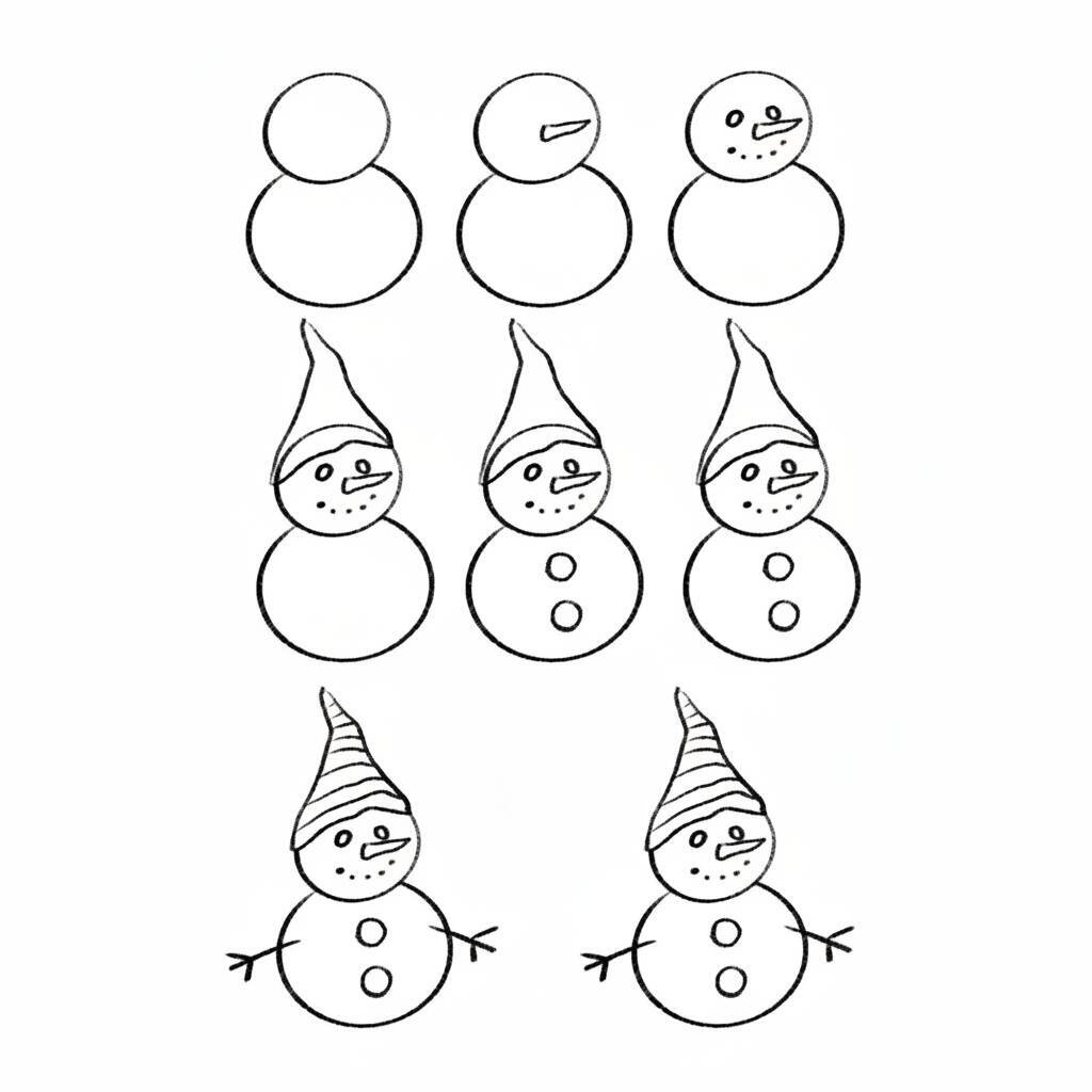 Desenho em linha de um boneco de neve com chapéu e botões