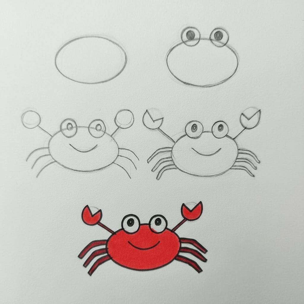 Desenho passo a passo de um caranguejo fofo para colorir