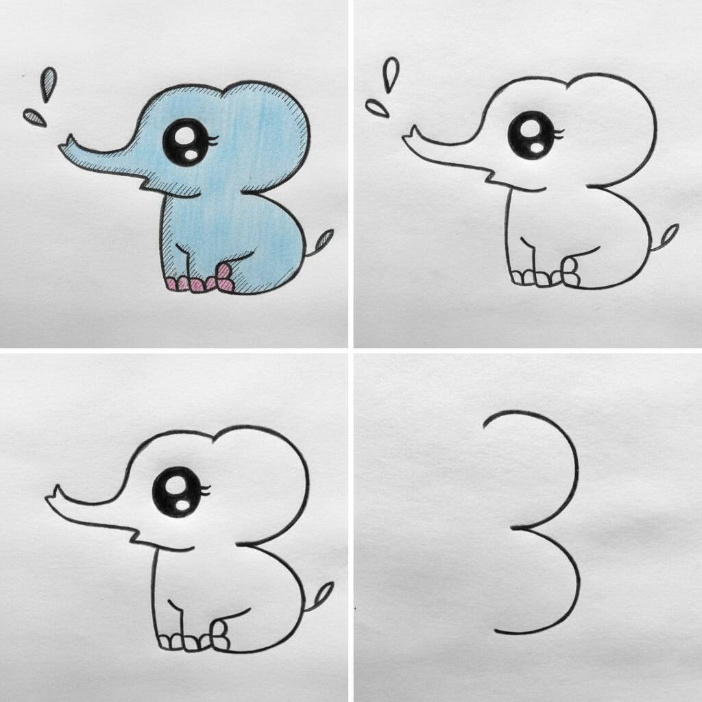 Desenho passo a passo de um elefante fofo para colorir