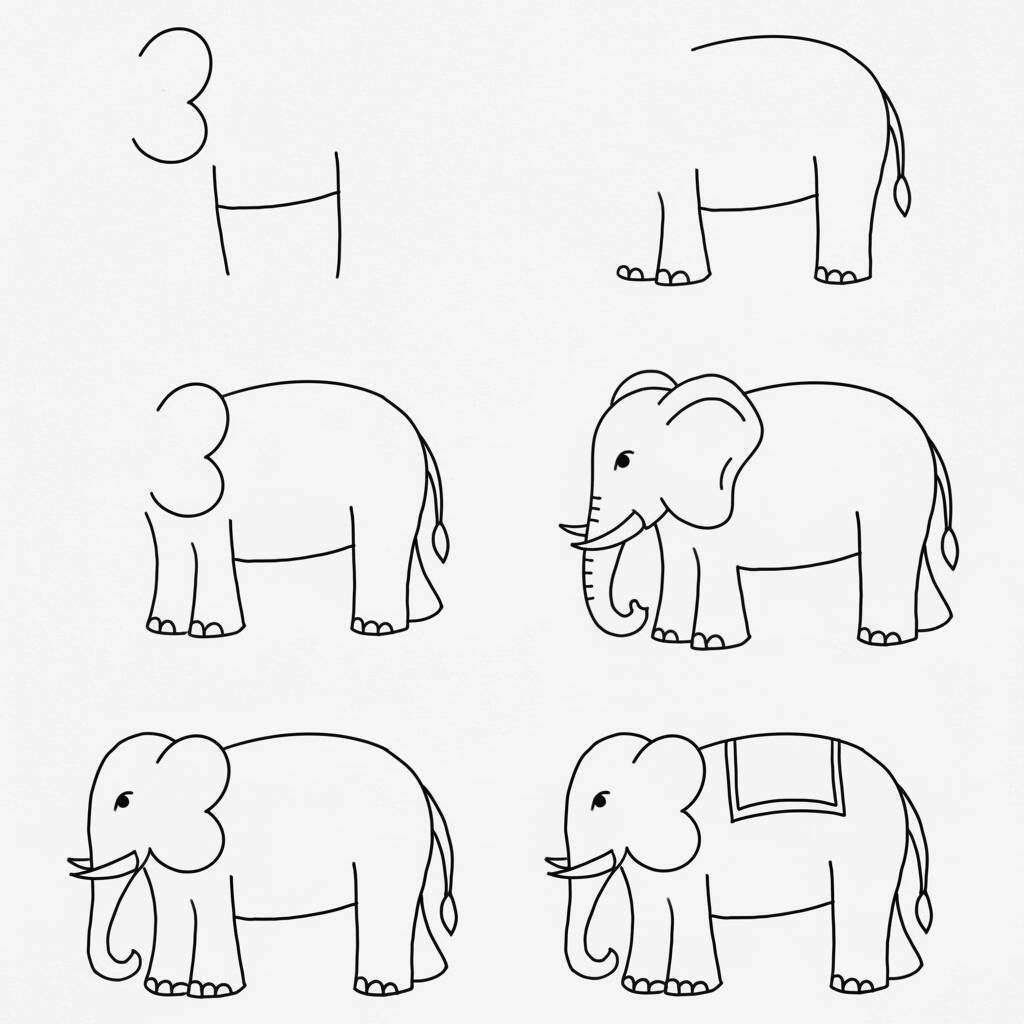 Desenho passo a passo de um elefante fácil para crianças