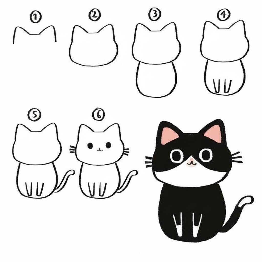 Instruções passo a passo para desenhar um gato fofo.