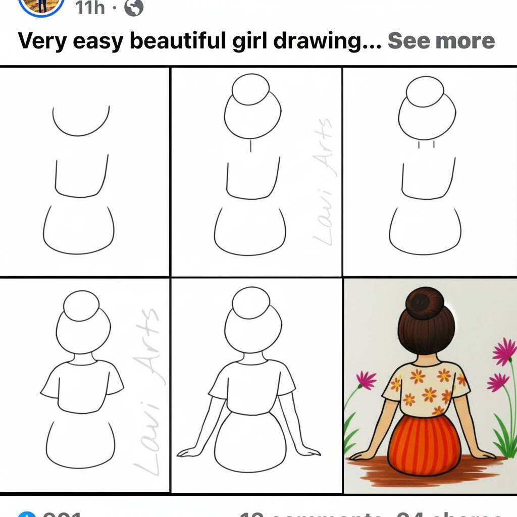 Desenho passo a passo de uma menina bonita para colorir