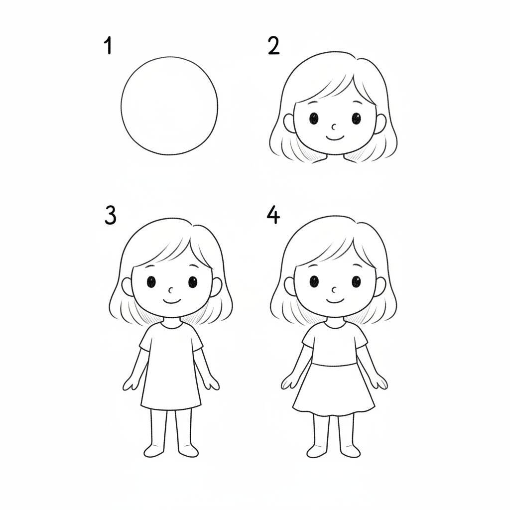 Desenho passo a passo de uma menina kawaii para colorir