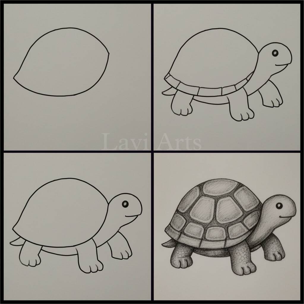Desenho em etapas de uma tartaruga para colorir