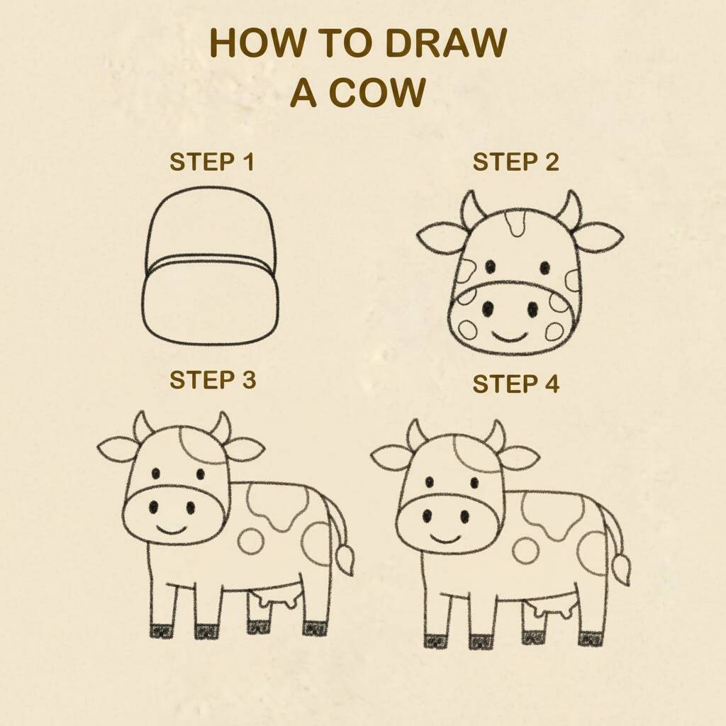 Instruções passo a passo para desenhar uma vaca fofa.