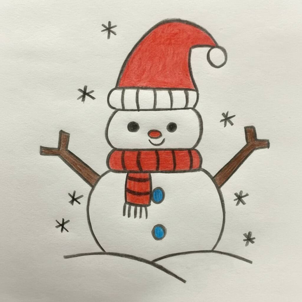Boneco de neve com chapéu vermelho e cachecol listrado