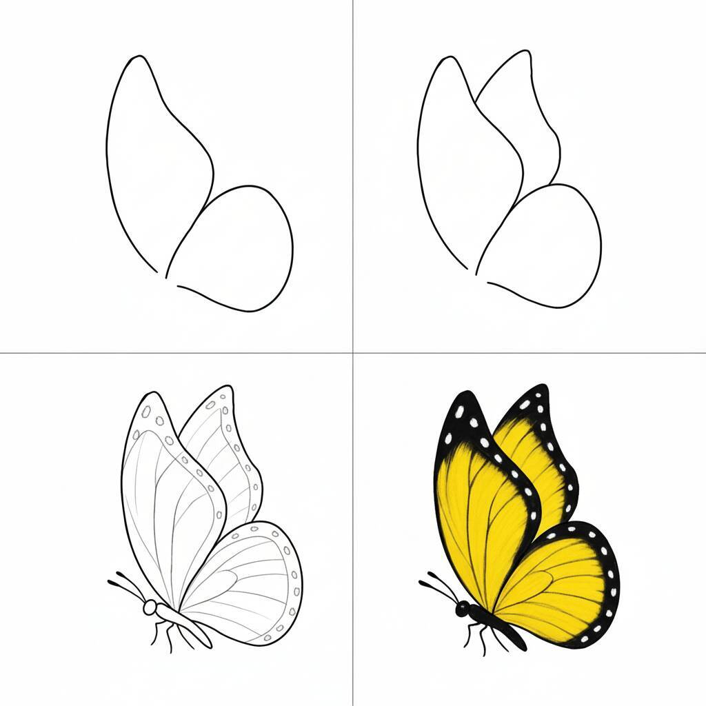 Desenho de uma borboleta em diferentes etapas de colorização