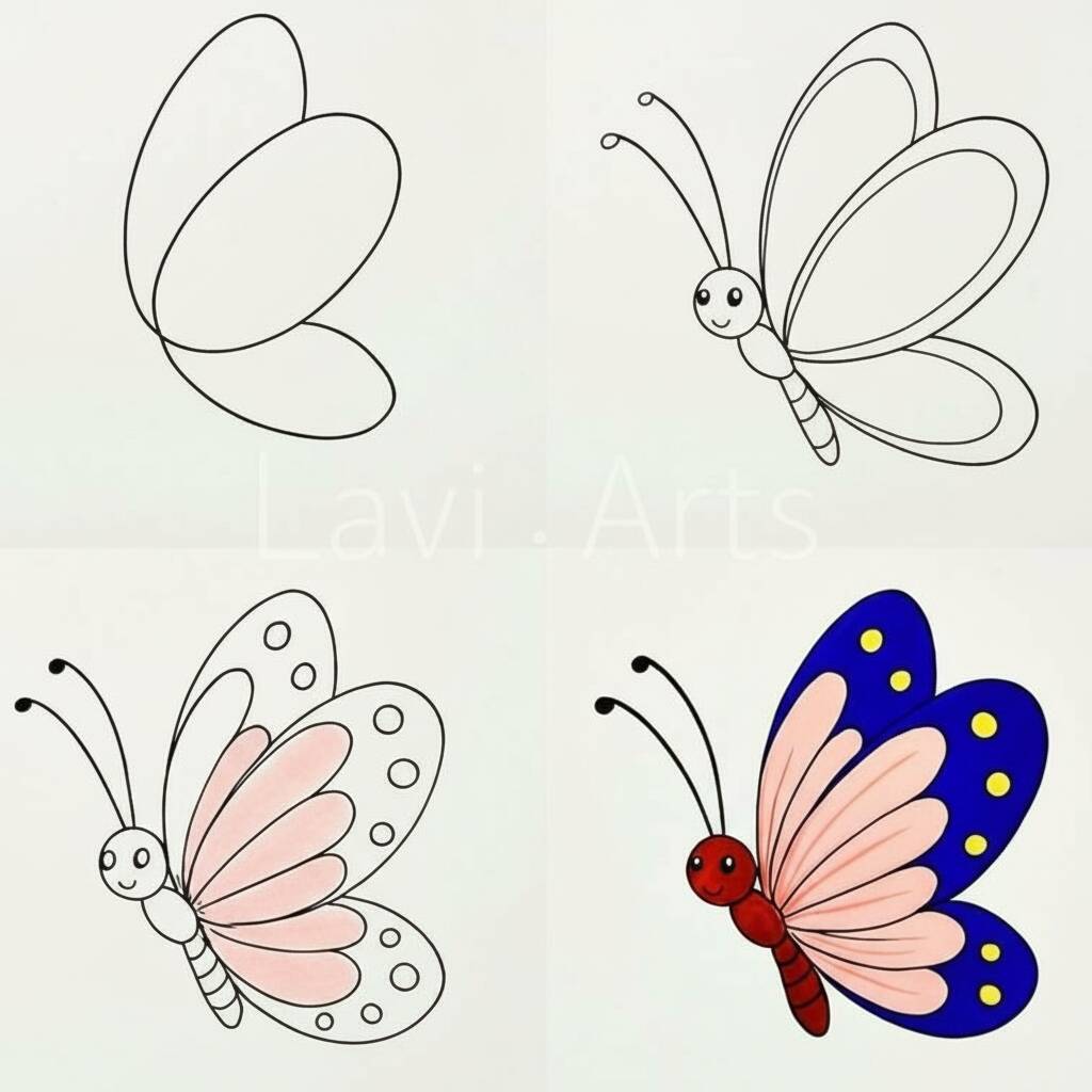 Desenho de borboleta em diferentes estágios de colorir