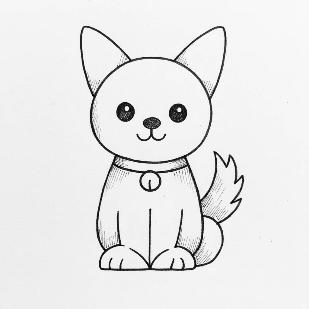 Desenho de um cachorrinho fofo sentado com um colar