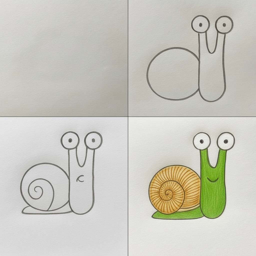 Desenho passo a passo de um caracol fofo para colorir.