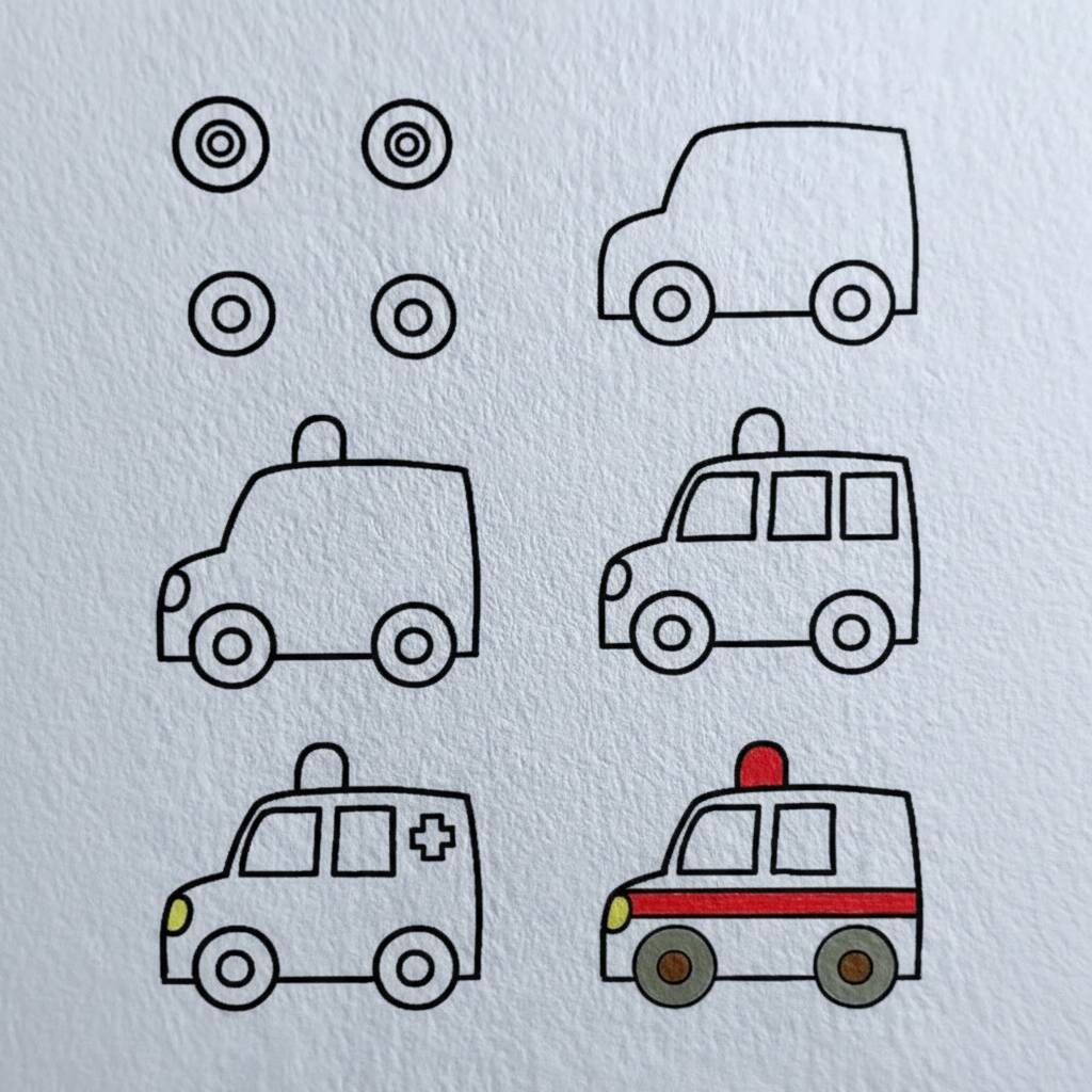 Desenho de carros simples, incluindo um carro de polícia e uma ambulância.