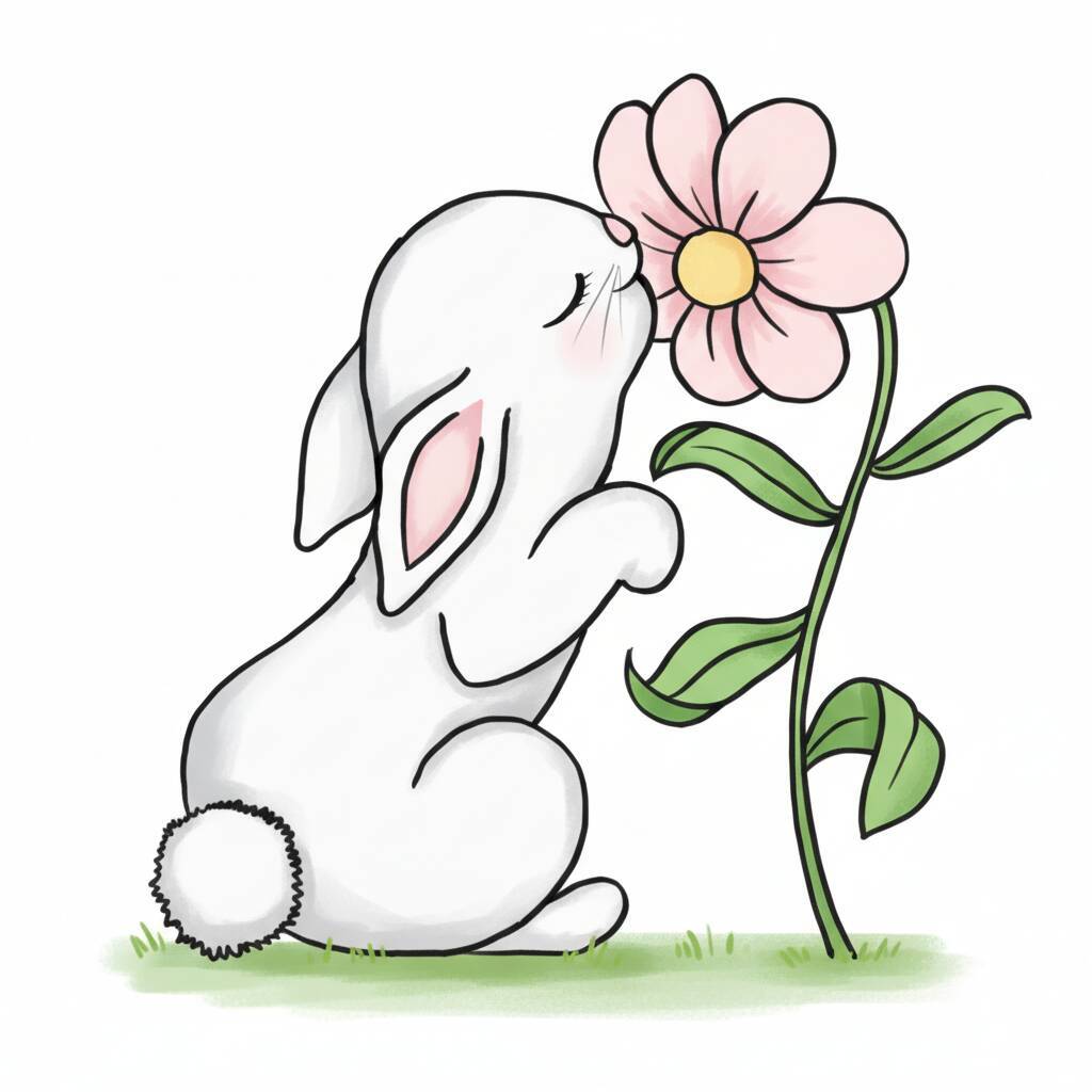 Coelhinho branco cheirando uma flor rosa