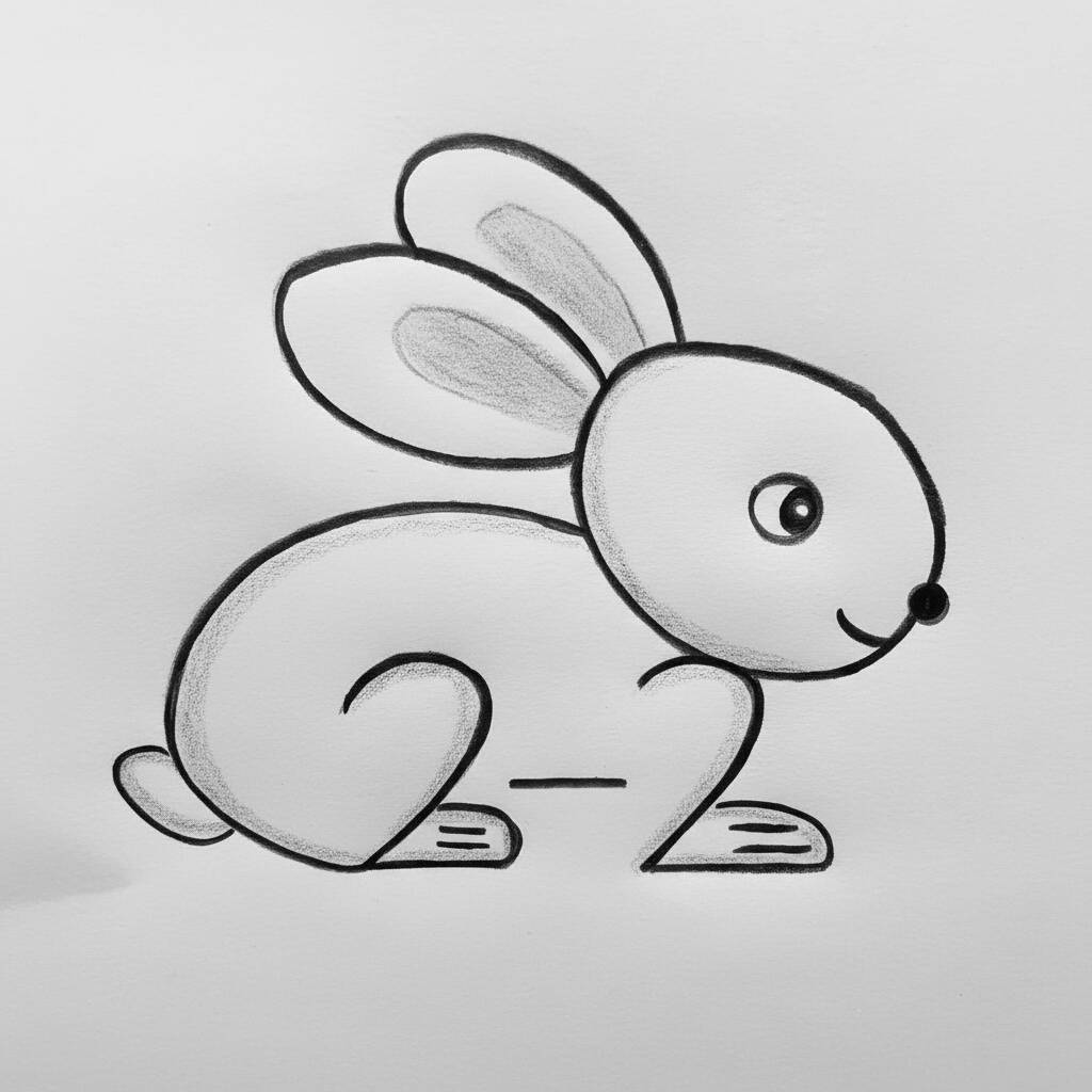 Desenho de um coelho fofo com orelhas grandes e sorriso