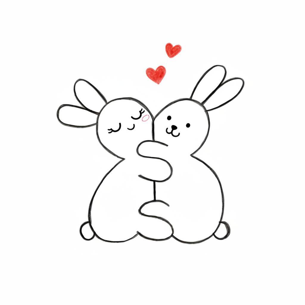 Desenho de dois coelhinhos se abraçando com corações