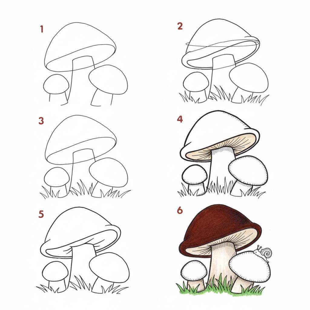 Desenho passo a passo de cogumelos para colorir