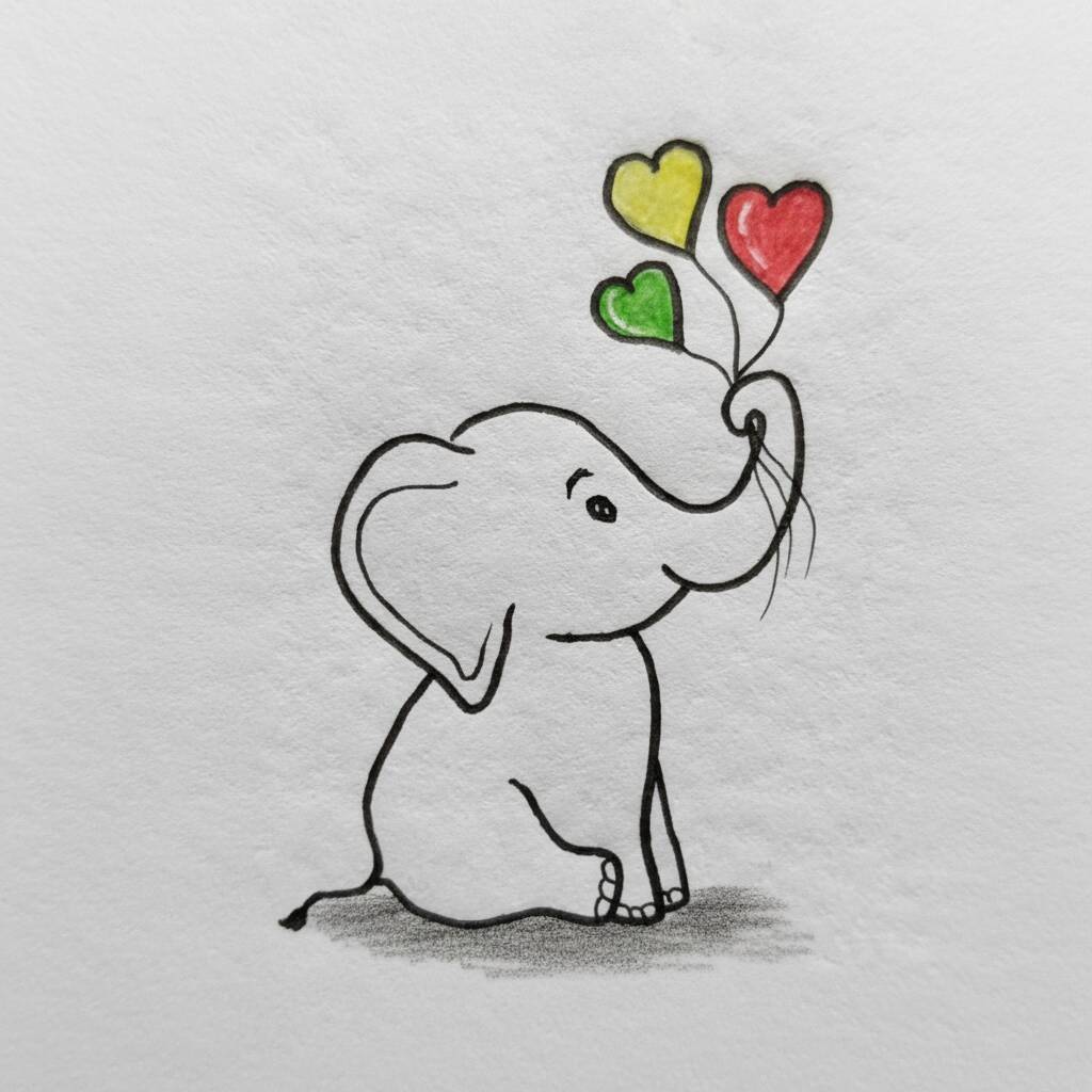 Desenho de um elefante fofo segurando corações coloridos