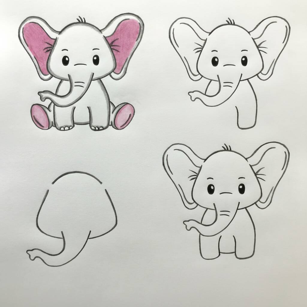 Desenho de um elefante fofo em diferentes poses para colorir