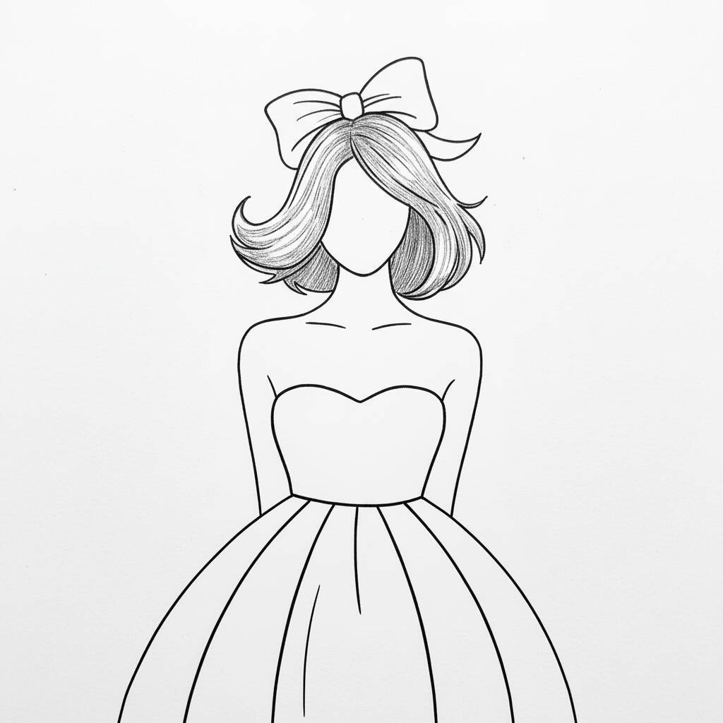 Desenho de uma menina com vestido e laço para colorir