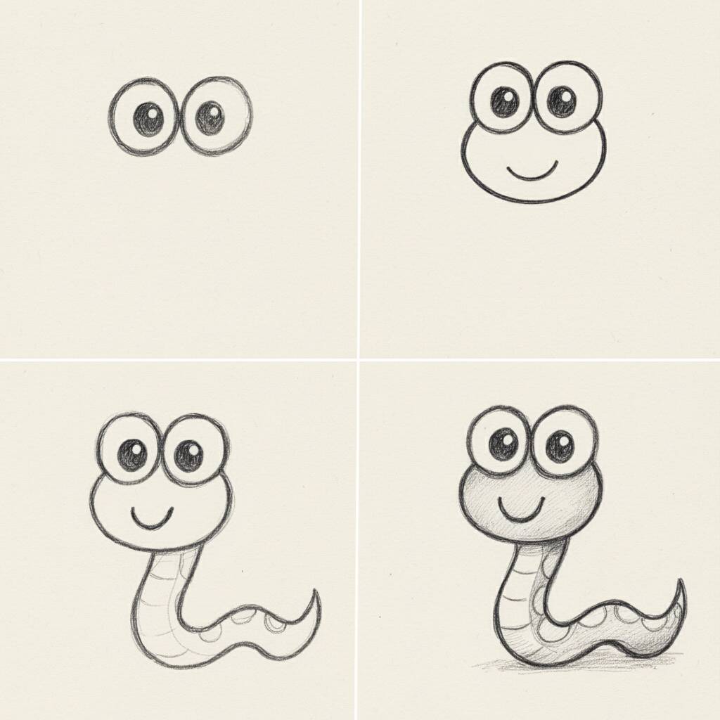 Desenho de uma minhoca com olhos grandes e sorriso