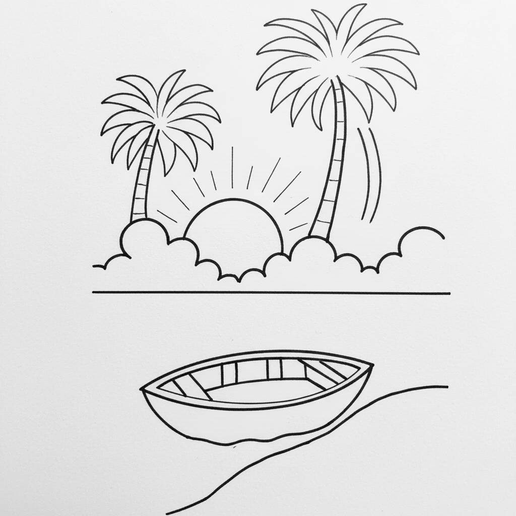 Desenho em linha de uma paisagem tropical com palmeiras e um barco.