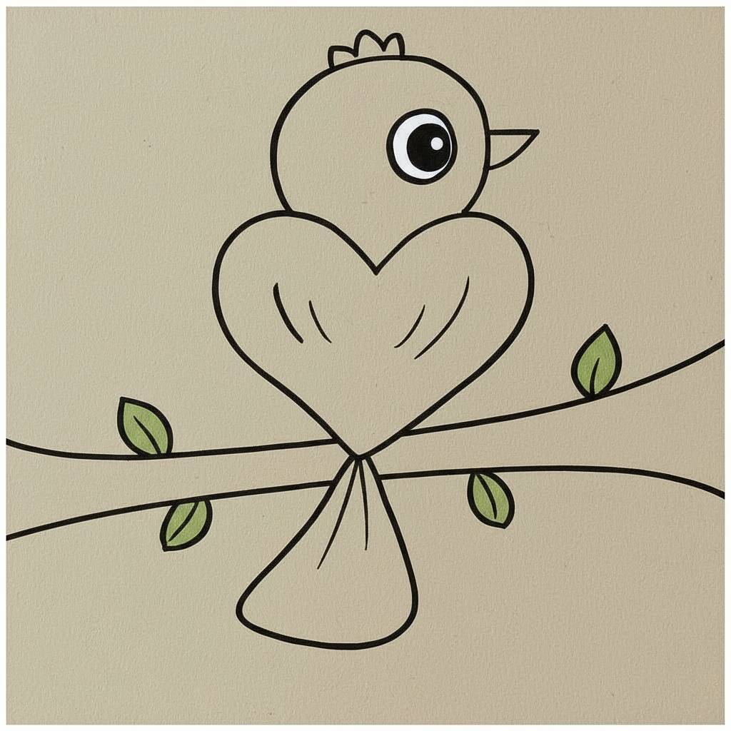 Desenho de um pássaro com corpo em forma de coração em um galho
