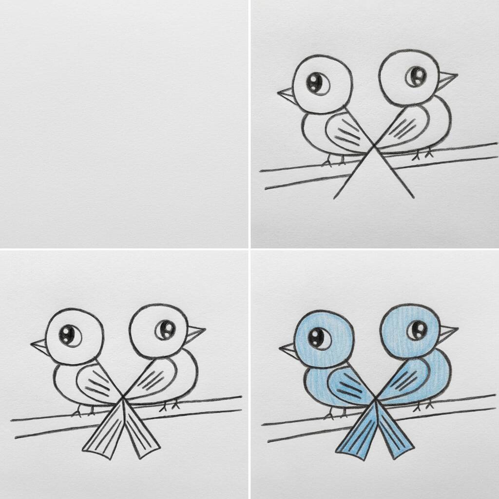 Desenho de dois pássaros em um galho, um deles colorido de azul.