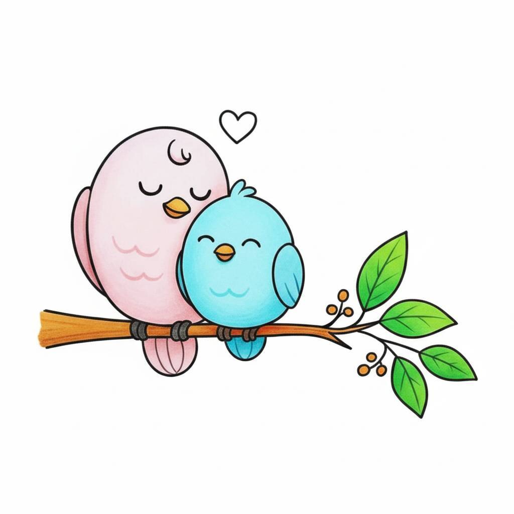 Desenho de dois pássaros fofos em um galho com um coração acima deles.