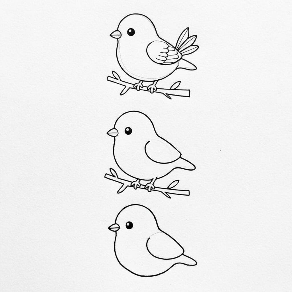 Três desenhos de pássaros fofos em galhos para colorir