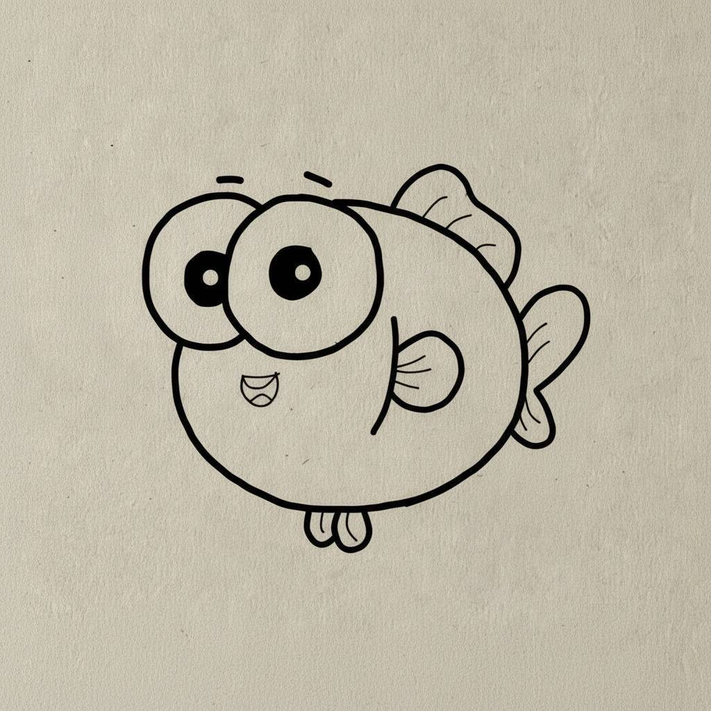 Desenho de um peixinho fofo com olhos grandes e sorriso.