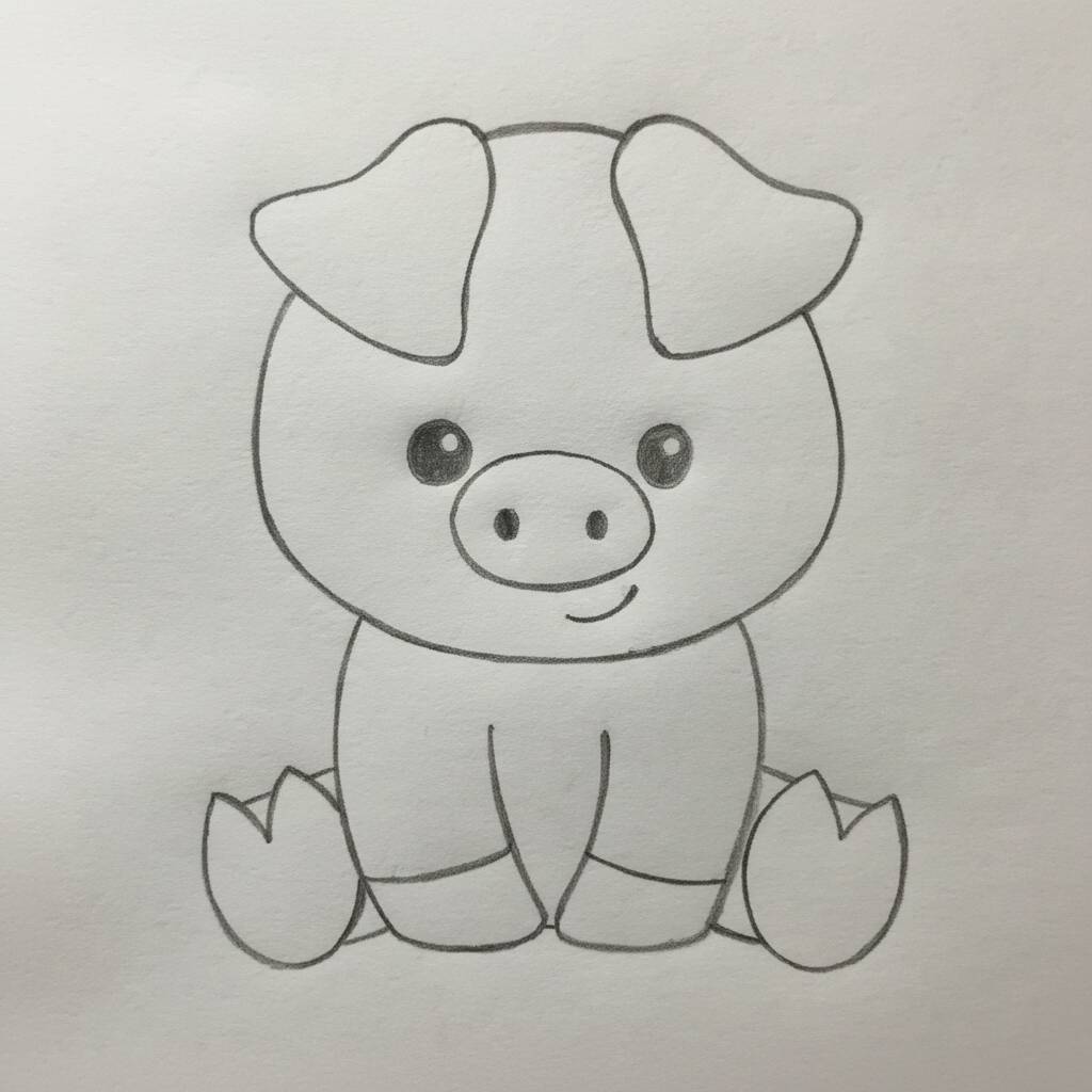 Desenho de um porquinho fofo sentado, ideal para colorir.