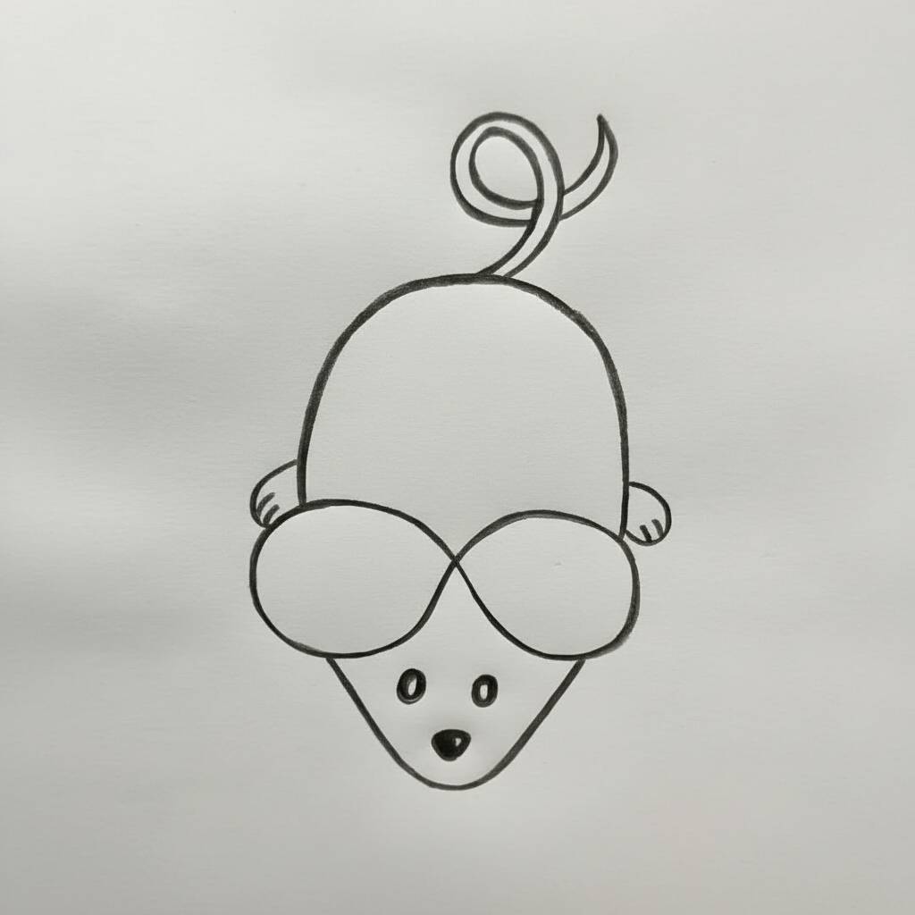Desenho de um rato fofo com orelhas grandes e um rabo enrolado.