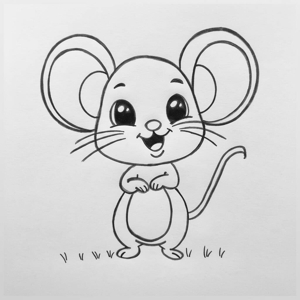 Desenho de um rato fofo com grandes orelhas e sorriso