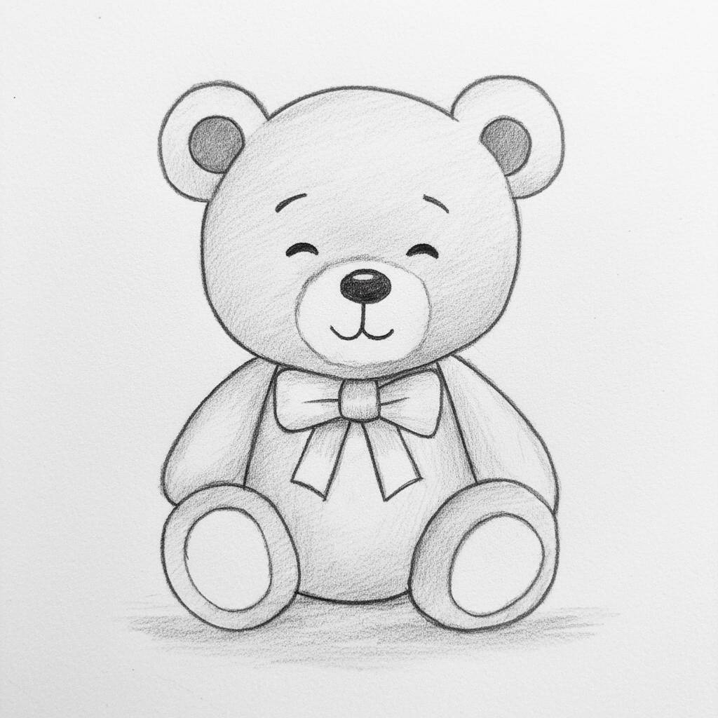Desenho de um urso de pelúcia sorridente com um laço
