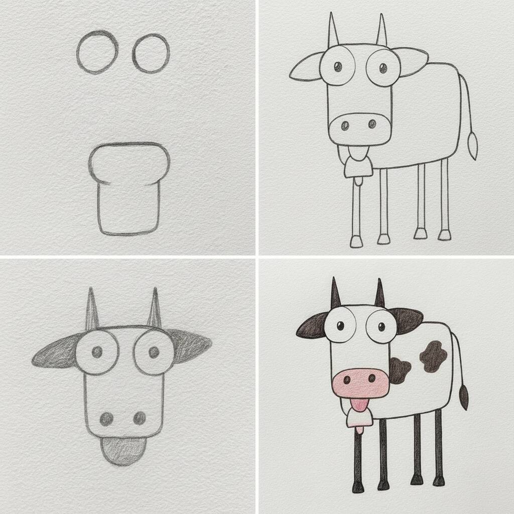 Desenho passo a passo de uma vaca fofa para colorir