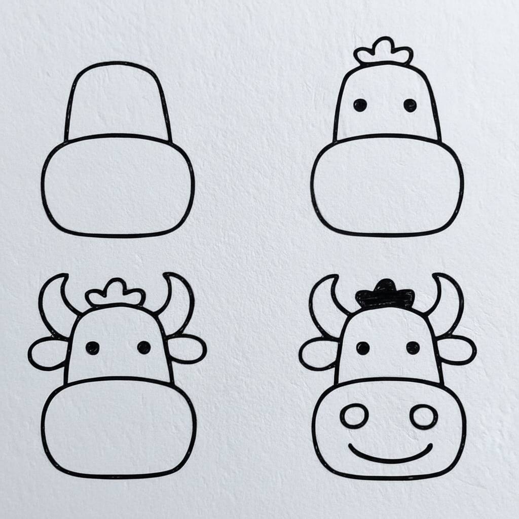 Desenho em preto e branco de uma vaca fofa em etapas para colorir.