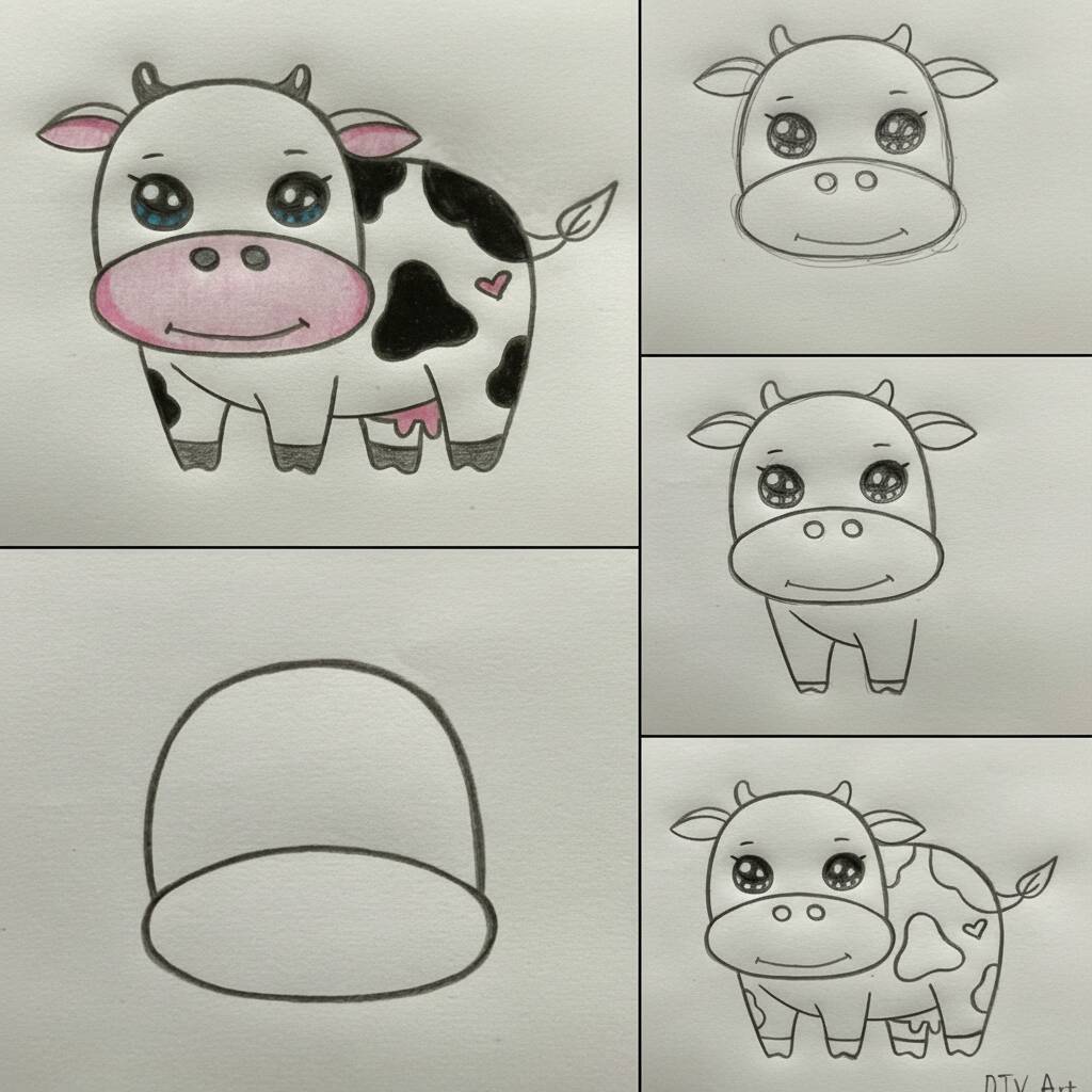Desenho de uma vaquinha fofa em etapas para colorir