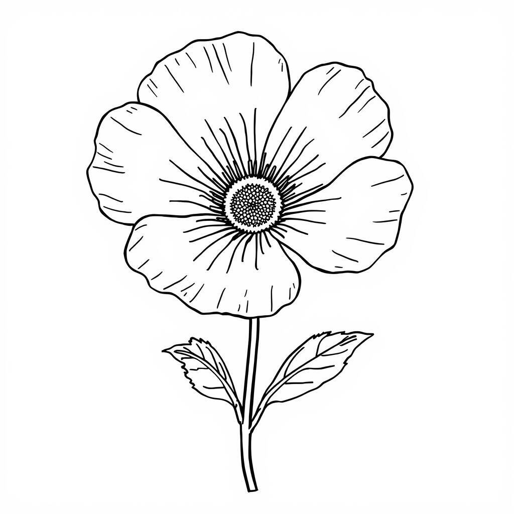 Desenho em preto e branco de uma flor anêmona para colorir.