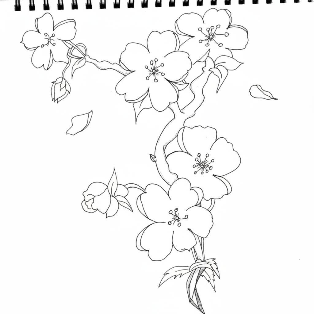 Desenho em preto e branco de flores de cerejeira para colorir