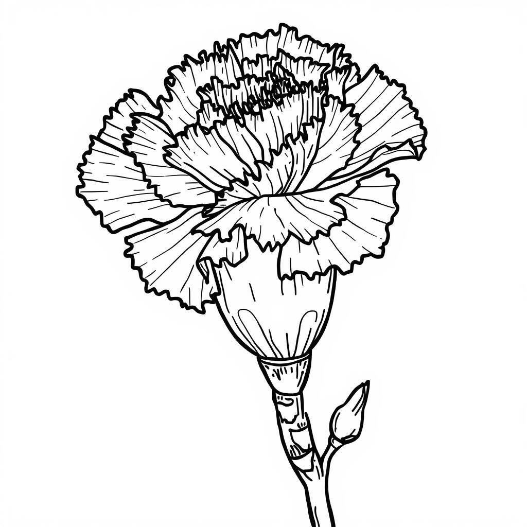 Desenho em preto e branco de uma flor de cravo para colorir.