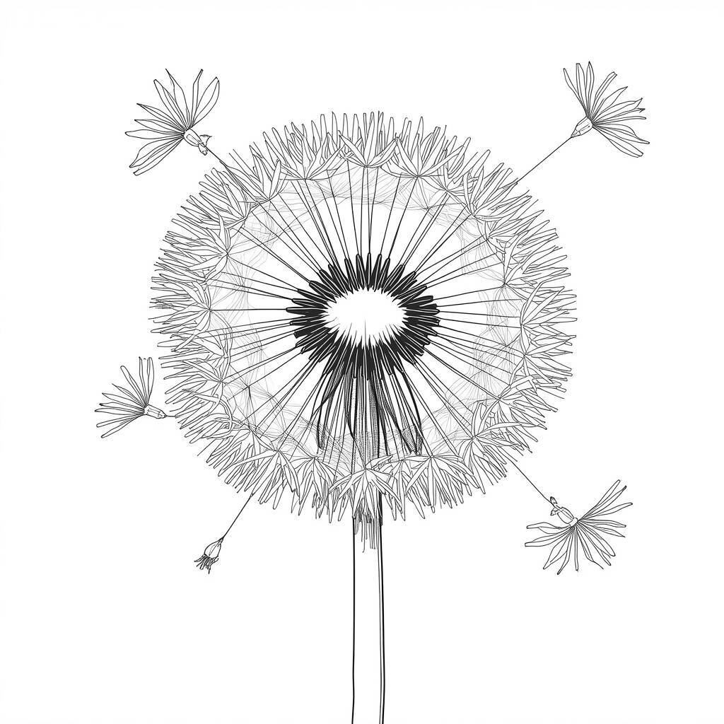 Desenho em linha de uma flor de dente-de-leão para colorir.