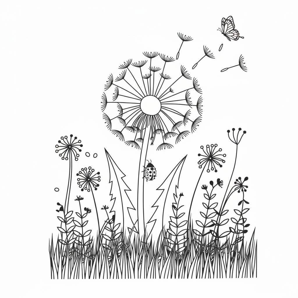 Desenho de uma flor de dente-de-leão com insetos e plantas ao redor para colorir.