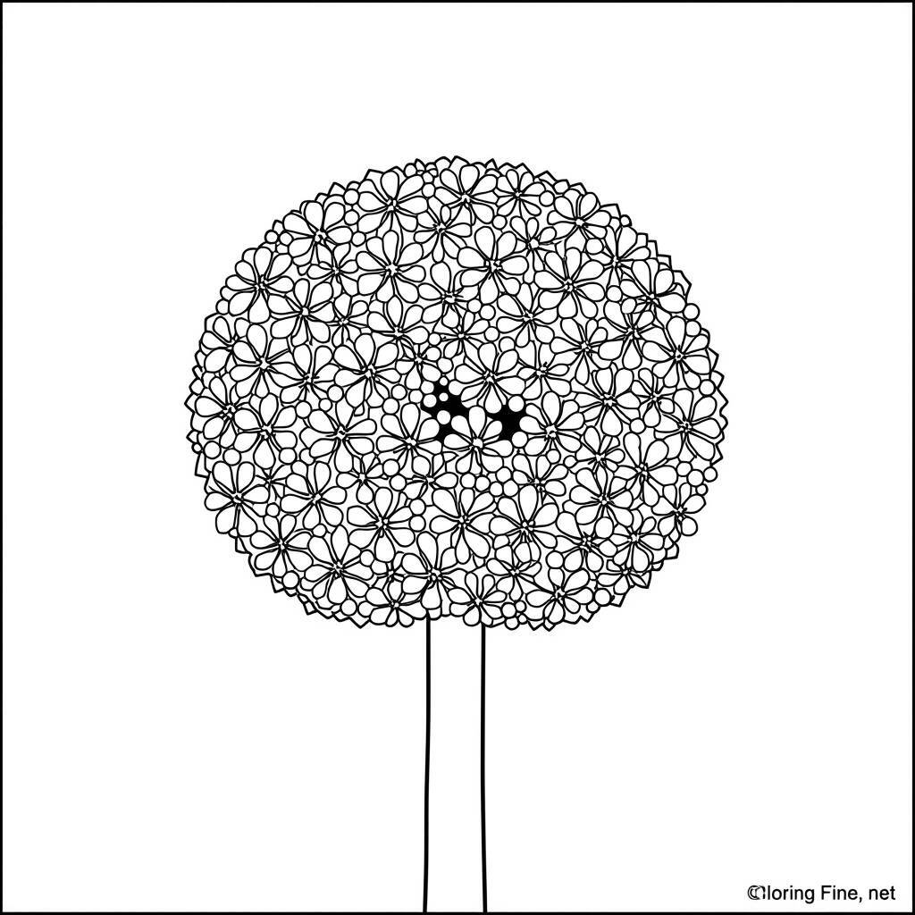 Desenho de uma flor de dente-de-leão para colorir, com detalhes intrincados.
