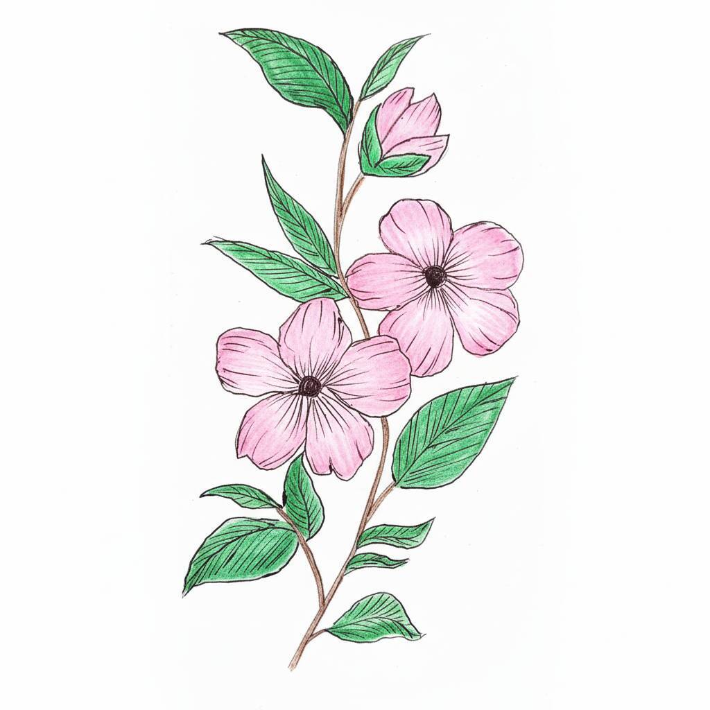 Desenho de flores de dogwood com folhas verdes para colorir