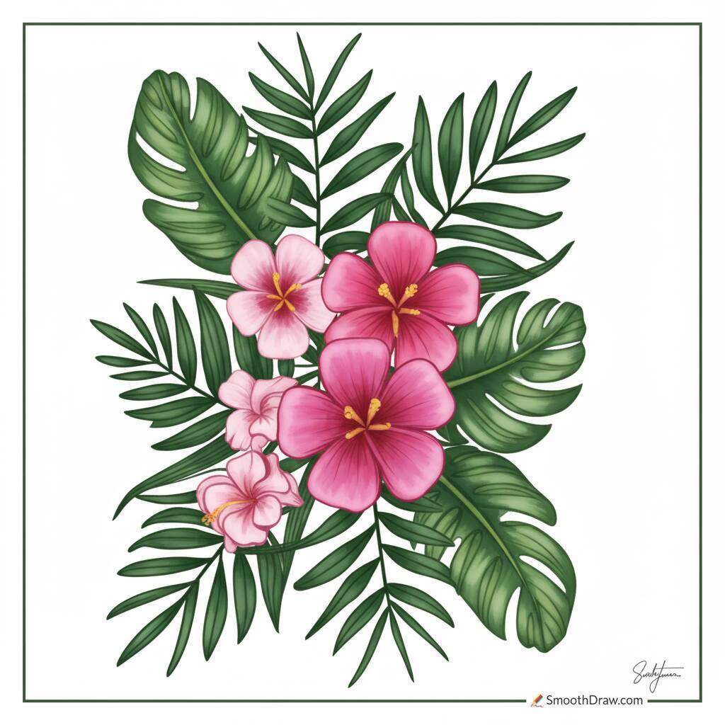 Desenho de flores de frangipani com folhas verdes para colorir.