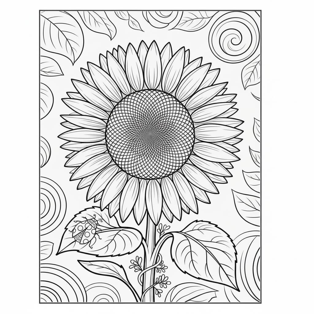 Desenho de um girassol com detalhes para colorir