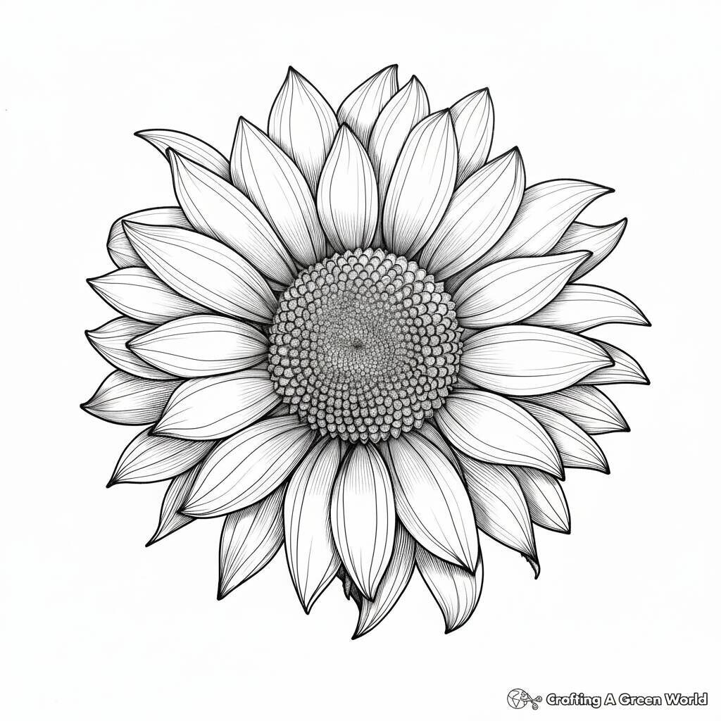 Desenho em preto e branco de uma flor de girassol para colorir