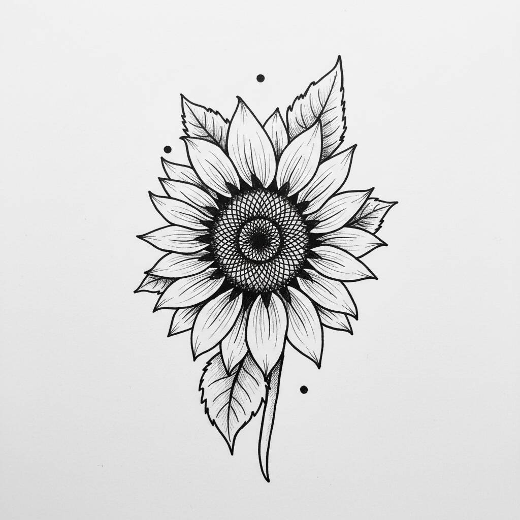 Desenho em preto e branco de uma flor de girassol com detalhes intrincados.