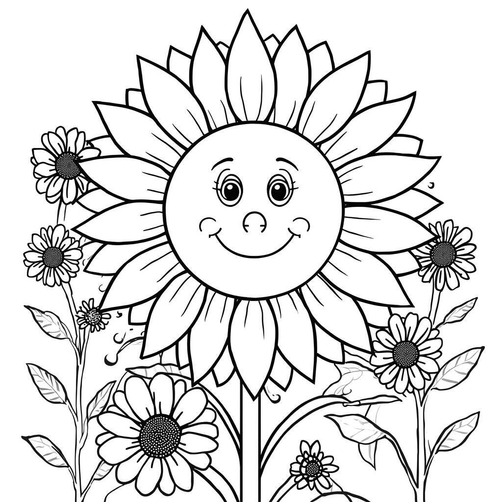 Desenho de um girassol sorridente rodeado por outras flores para colorir.